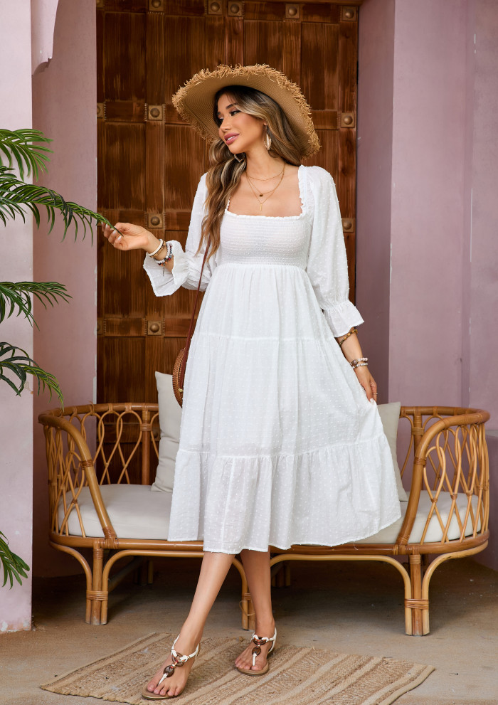 R.Vivimos Women's Summer Cotton Plaid Puff Sleeves Bow Casual Off-Shoulder Boho Midi Dress