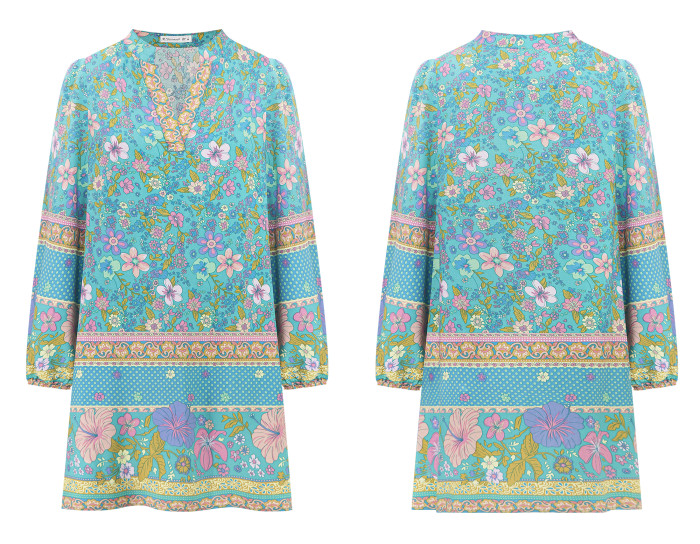 R.Vivimos Women's Long Sleeve Boho Tunic Dress V Neck Floral Print Casual Loose Patchwork Hem Mini Dress