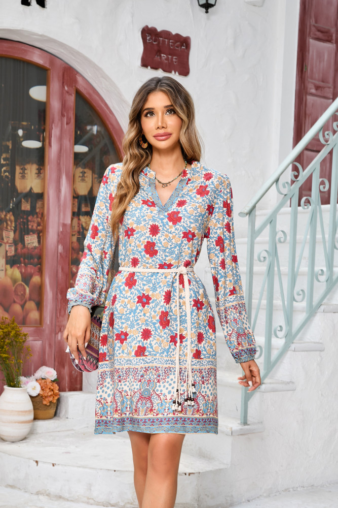 R.Vivimos Women's Long Sleeve Boho Tunic Dress V Neck Floral Print Casual Loose Patchwork Hem Mini Dress