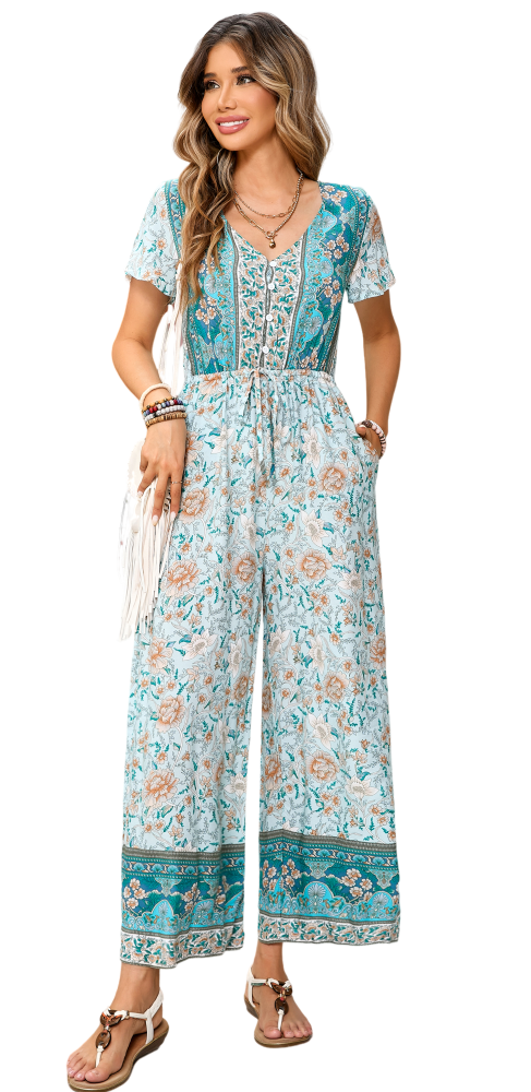 R.Vivimos One Piece Jumpsuits for Women Summer Boho Floral Print Short Sleeve V Neck Drawstring Waist Wide Leg Long Rompers