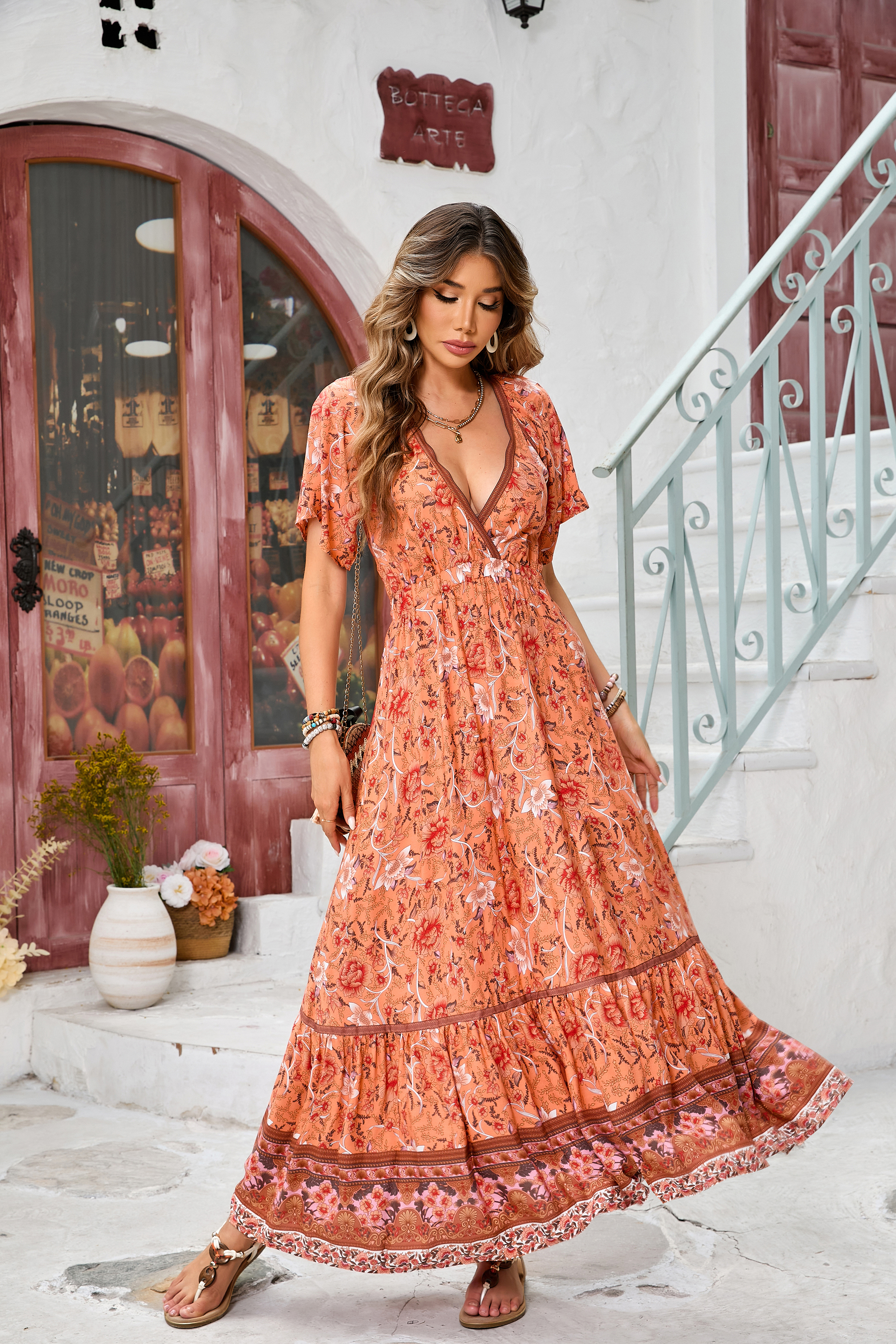 R.Vivimos Women's Summer V Neck Maxi Dress Boho Floral Print Short Sleeve Elastic Waist Ruffle Patchwork A-Line Beach Dress4