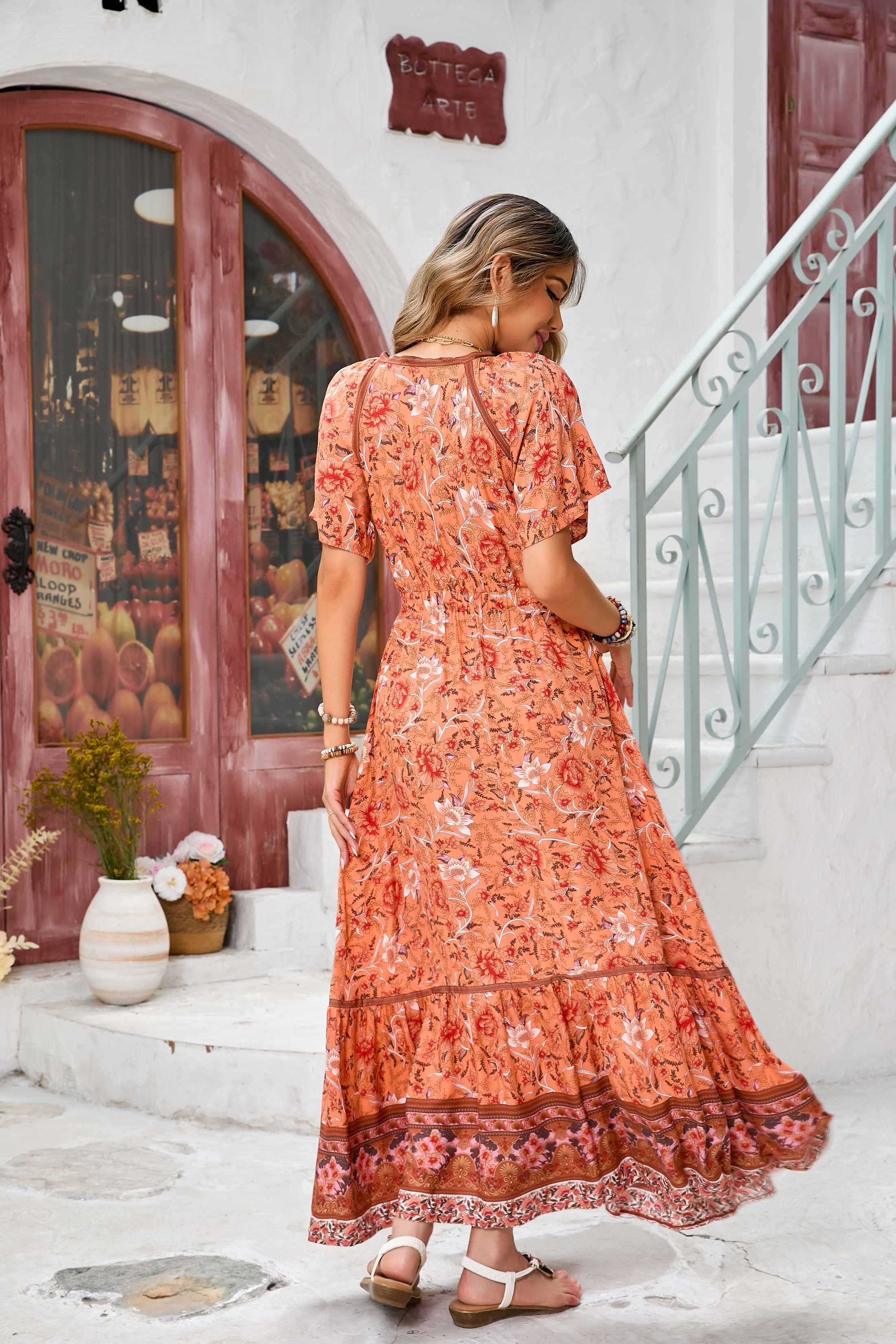 R.Vivimos Women's Summer V Neck Maxi Dress Boho Floral Print Short Sleeve Elastic Waist Ruffle Patchwork A-Line Beach Dress2