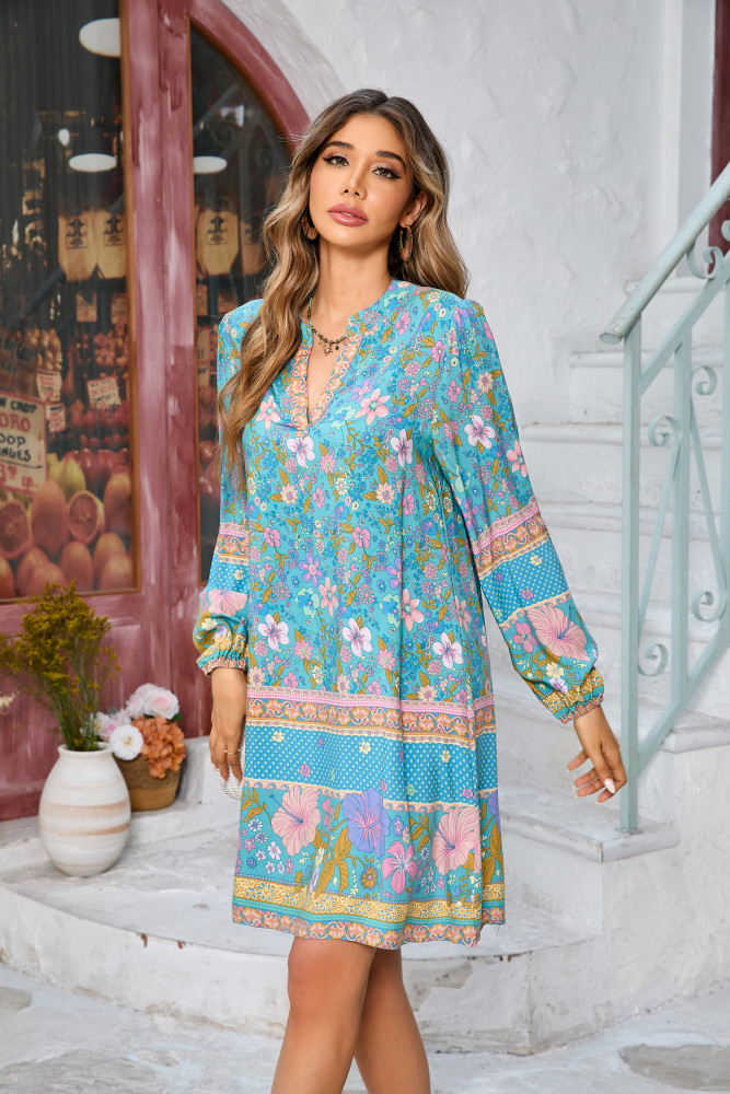 R.Vivimos Women's Long Sleeve Boho Tunic Dress V Neck Floral Print Casual Loose Patchwork Hem Mini Dress