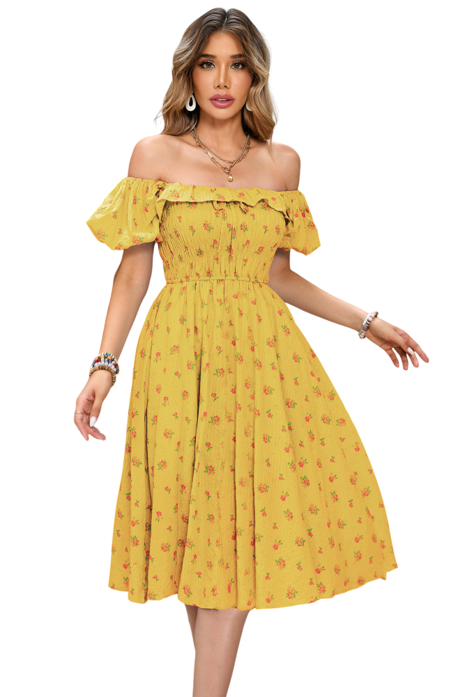 R.Vivimos Womens Summer Floral Print Puff Sleeves Vintage Ruffles Midi Dress