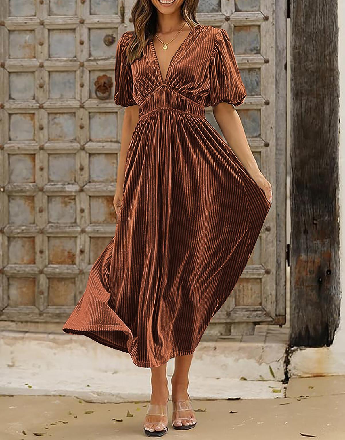 R.Vivimos Women's Fall Winter Velvet Dress Puff Sleeve Sexy Deep V Neck  Elastic High Waist A-Line Elegant Casual Midi Dress - Product Details