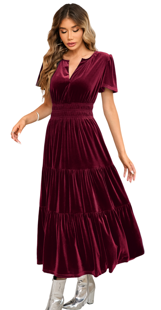 R.Vivimos Women's Fall Winter Vintage Velvet Dress Short Sleeve V Neck Elastic Waist Tiered Ruffle A-Line Elegant Maxi Dress