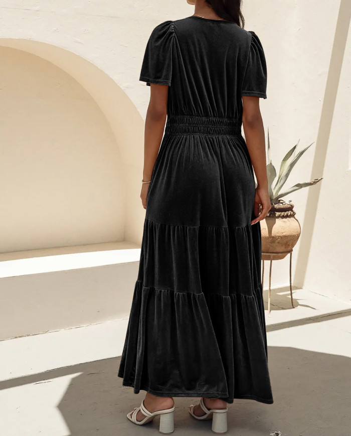 R.Vivimos Women's Fall Winter Vintage Velvet Dress Short Sleeve V Neck Elastic Waist Tiered Ruffle A-Line Elegant Maxi Dress