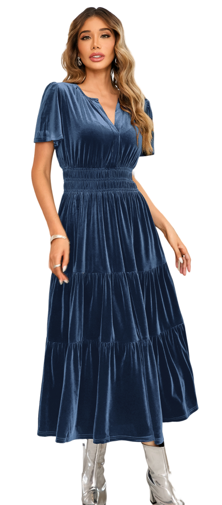 R.Vivimos Women's Fall Winter Vintage Velvet Dress Short Sleeve V Neck Elastic Waist Tiered Ruffle A-Line Elegant Maxi Dress
