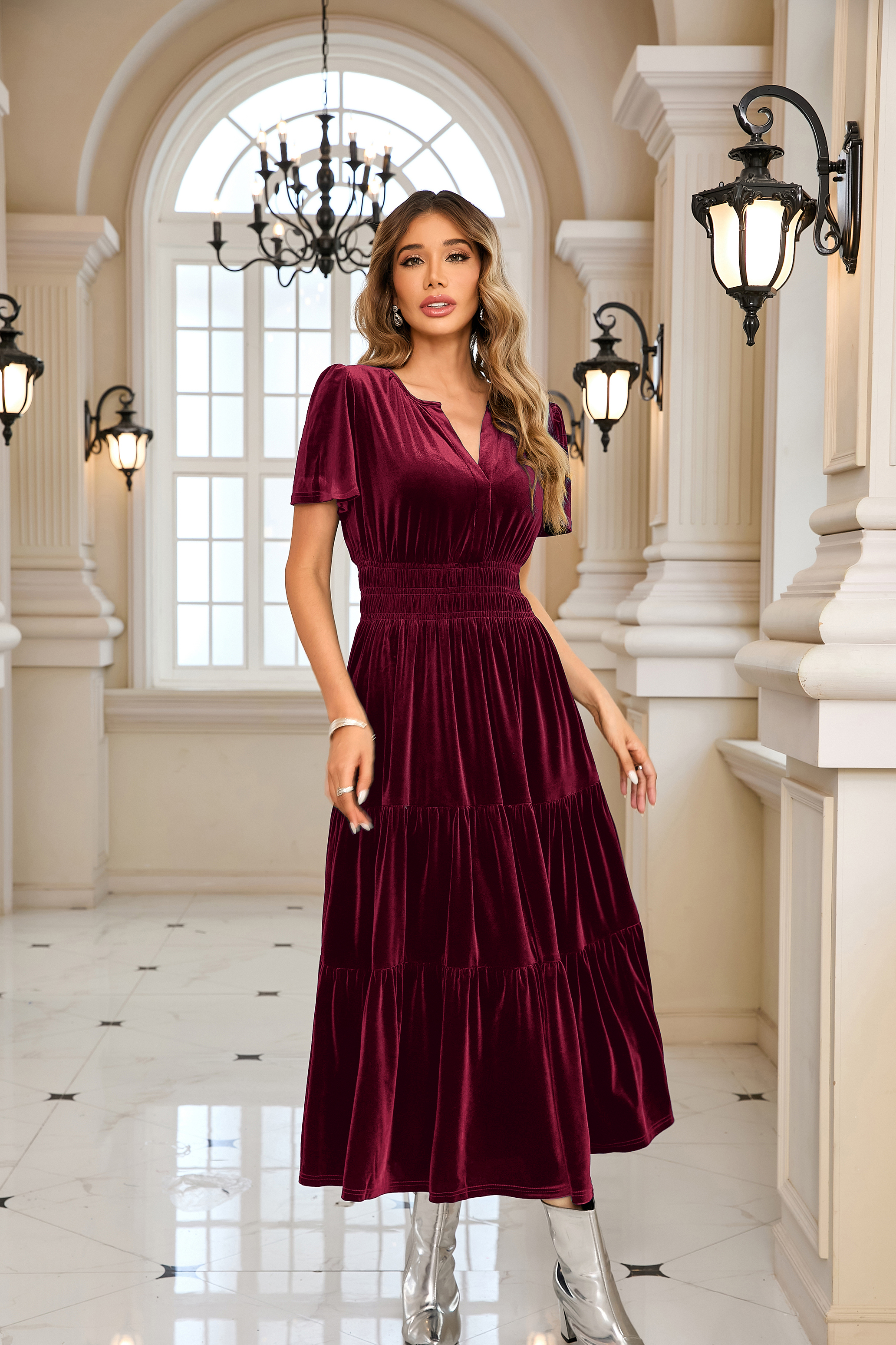 R.Vivimos Women's Fall Winter Vintage Velvet Dress Short Sleeve V Neck  Elastic Waist Tiered Ruffle