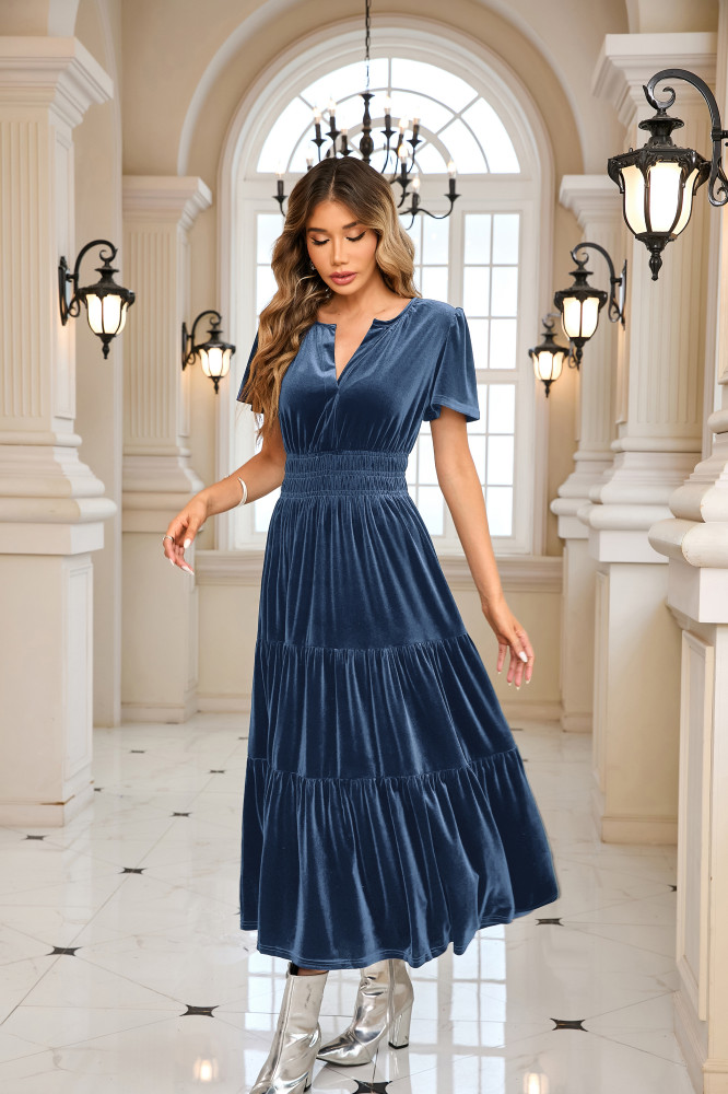 R.Vivimos Women's Fall Winter Vintage Velvet Dress Short Sleeve V Neck Elastic Waist Tiered Ruffle A-Line Elegant Maxi Dress