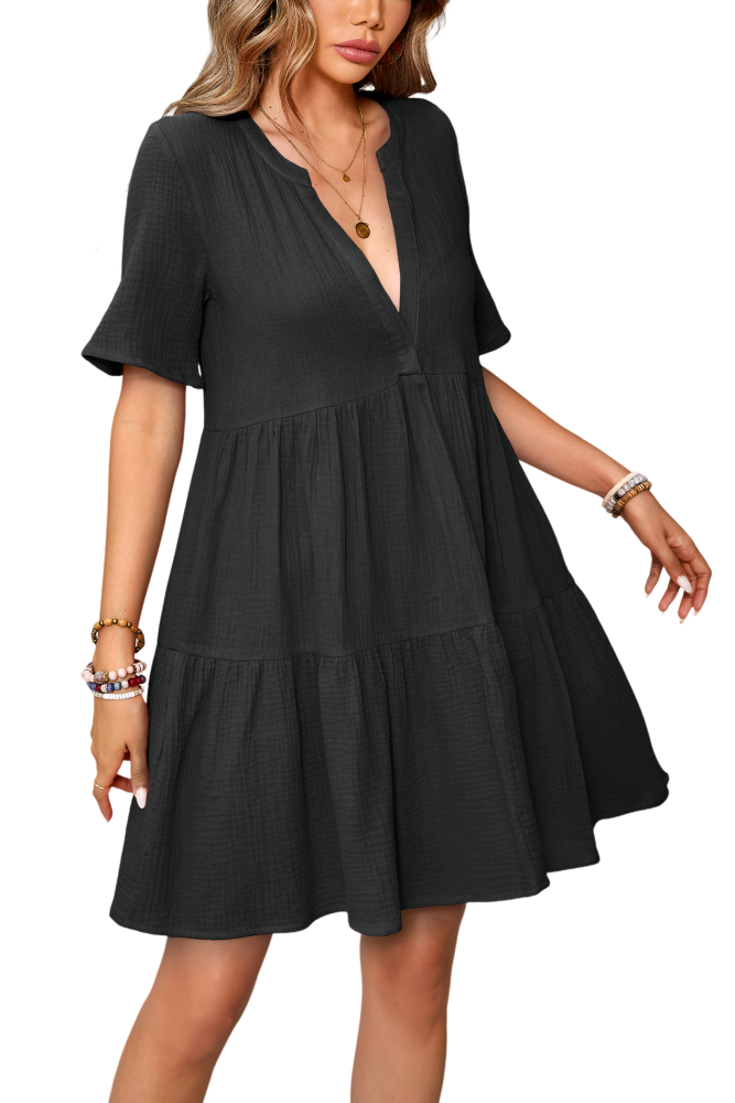 R.Vivimos Womens Summer Cotton Flowy Mini Dress V Neck Short Sleeve Boho Ruffle Tiered Casual Loose Tunic Dress