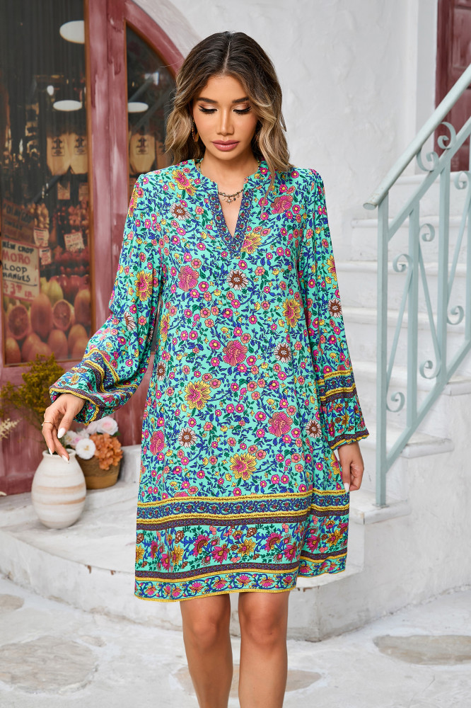 R.Vivimos Women's Long Sleeve Boho Tunic Dress V Neck Floral Print Casual Loose Patchwork Hem Mini Dress