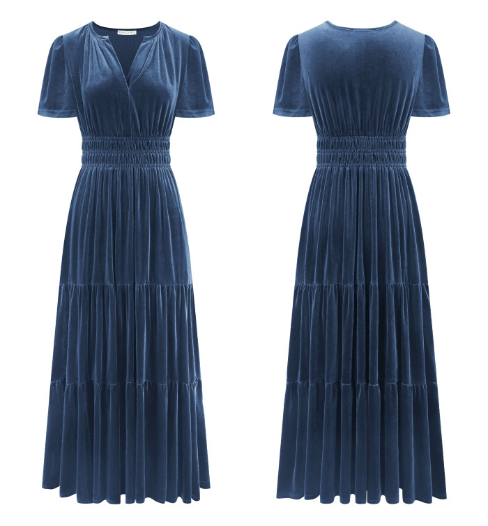 R.Vivimos Women's Fall Winter Vintage Velvet Dress Short Sleeve V Neck Elastic Waist Tiered Ruffle A-Line Elegant Maxi Dress