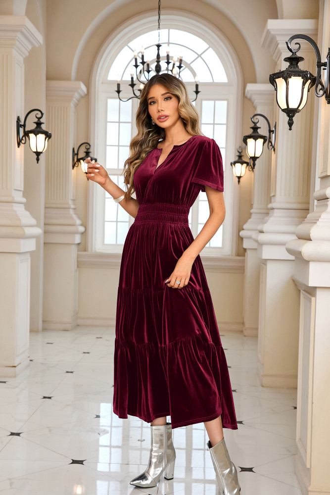 R.Vivimos Women's Fall Winter Vintage Velvet Dress Short Sleeve V Neck Elastic Waist Tiered Ruffle A-Line Elegant Maxi Dress