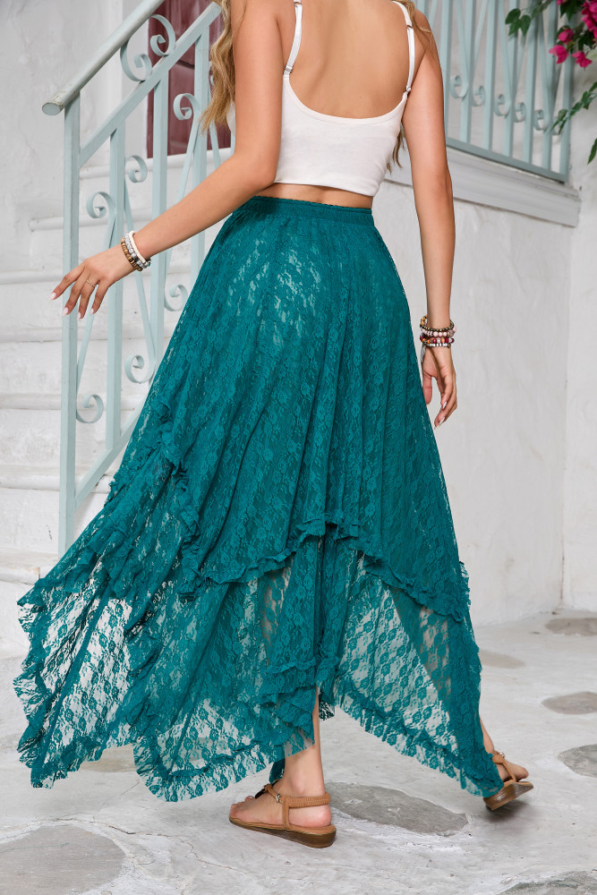 R.Vivimos Women Lace Long Skirts Summer Elastic Asymmetrical Layered Hem Sexy See-Through Beach Floral Maxi Skirts