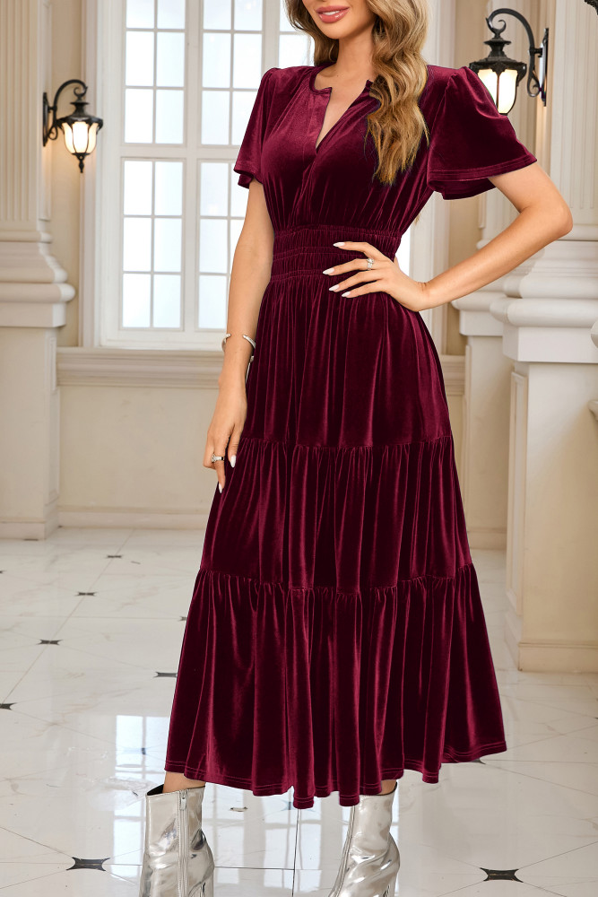 R.Vivimos Women's Fall Winter Vintage Velvet Dress Short Sleeve V Neck Elastic Waist Tiered Ruffle A-Line Elegant Maxi Dress