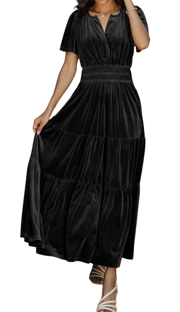 R.Vivimos Women's Fall Winter Vintage Velvet Dress Short Sleeve V Neck Elastic Waist Tiered Ruffle A-Line Elegant Maxi Dress