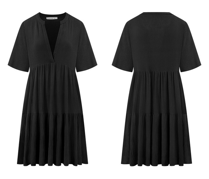 R.Vivimos Womens Summer Cotton Flowy Mini Dress V Neck Short Sleeve Boho Ruffle Tiered Casual Loose Tunic Dress
