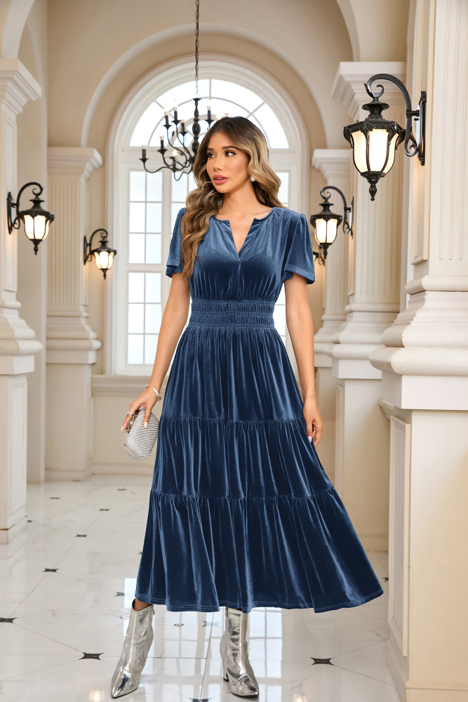 R.Vivimos Women's Fall Winter Vintage Velvet Dress Short Sleeve V Neck Elastic Waist Tiered Ruffle A-Line Elegant Maxi Dress