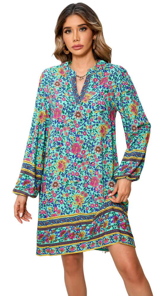 R.Vivimos Women's Long Sleeve Boho Tunic Dress V Neck Floral Print Casual Loose Patchwork Hem Mini Dress