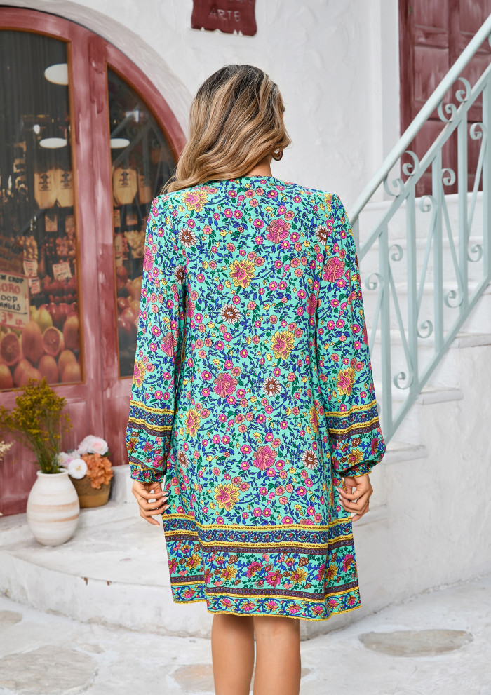 R.Vivimos Women's Long Sleeve Boho Tunic Dress V Neck Floral Print Casual Loose Patchwork Hem Mini Dress