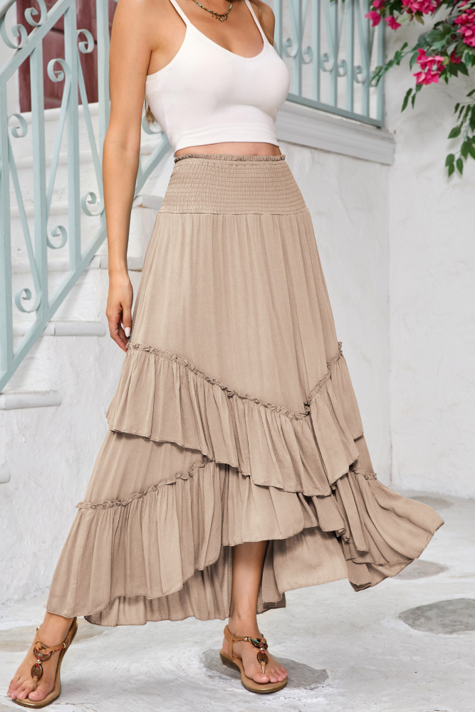 R.Vivimos Long Skirts for Women Summer Boho Smocked Strapless Dress Elastic High Waisted Layered Ruffle Hem Beach Midi Skirt