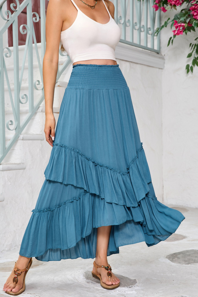 R.Vivimos Long Skirts for Women Summer Boho Smocked Strapless Dress Elastic High Waisted Layered Ruffle Hem Beach Midi Skirt