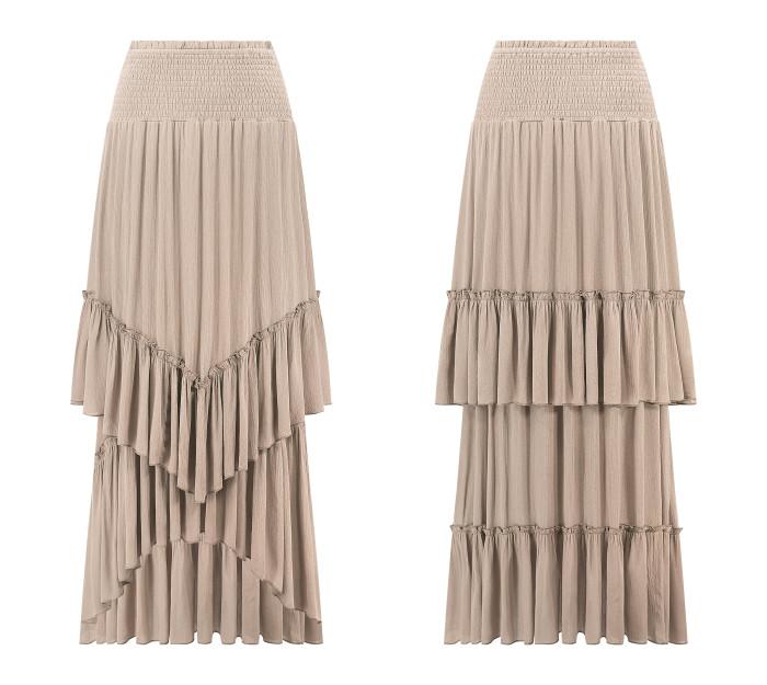 R.Vivimos Long Skirts for Women Summer Boho Smocked Strapless Dress Elastic High Waisted Layered Ruffle Hem Beach Midi Skirt