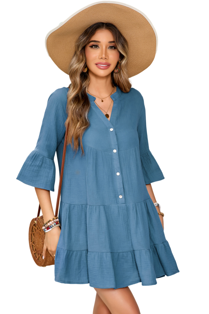 R.Vivimos Cotton Dresses for Women Summer V Neck 3/4 Flare Sleeve Button Front Casual Loose Tiered Mini Dress