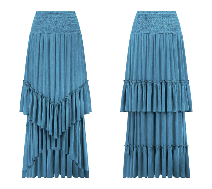 R.Vivimos Long Skirts for Women Summer Boho Smocked Strapless Dress Elastic High Waisted Layered Ruffle Hem Beach Midi Skirt