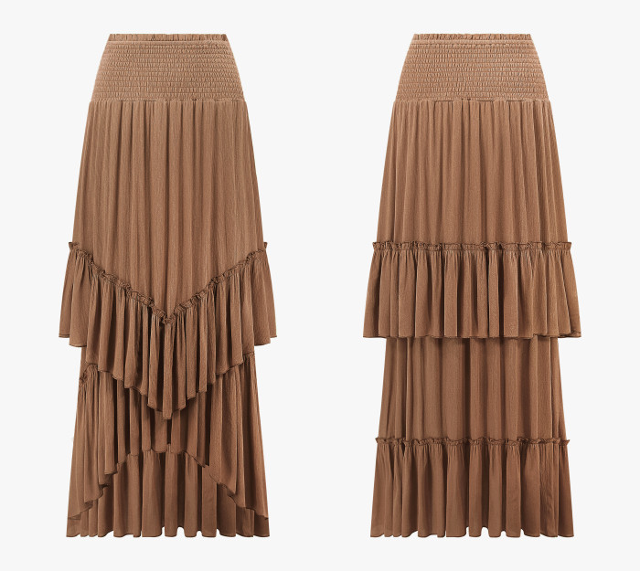 R.Vivimos Long Skirts for Women Summer Boho Smocked Strapless Dress Elastic High Waisted Layered Ruffle Hem Beach Midi Skirt