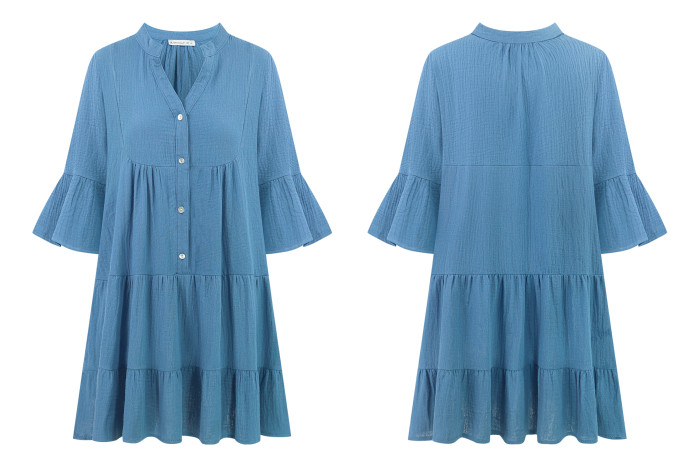 R.Vivimos Cotton Dresses for Women Summer V Neck 3/4 Flare Sleeve Button Front Casual Loose Tiered Mini Dress