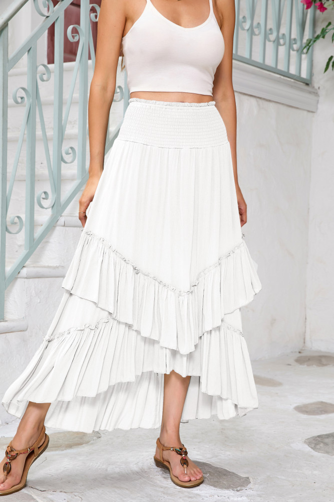 R.Vivimos Long Skirts for Women Summer Boho Smocked Strapless Dress Elastic High Waisted Layered Ruffle Hem Beach Midi Skirt