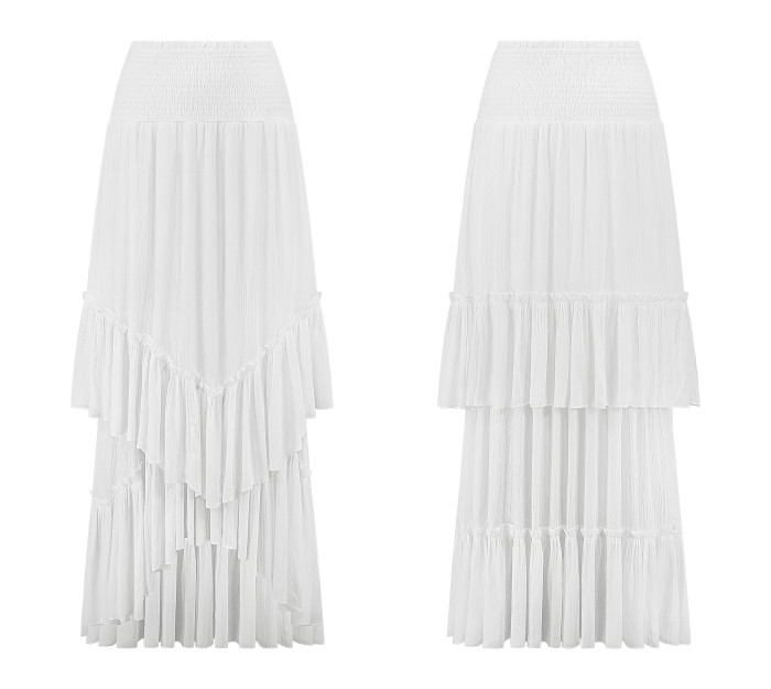 R.Vivimos Long Skirts for Women Summer Boho Smocked Strapless Dress Elastic High Waisted Layered Ruffle Hem Beach Midi Skirt