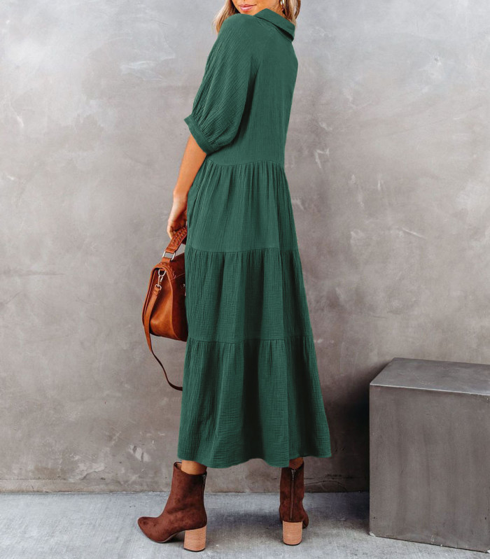 R.Vivimos Women's Summer Cotton Half Sleeves Button Down Casual Loose Slit Midi Dress with Pockets