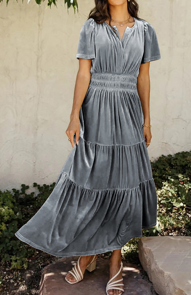 R.Vivimos Women's Fall Winter Vintage Velvet Dress Short Sleeve V Neck Elastic Waist Tiered Ruffle A-Line Elegant Maxi Dress