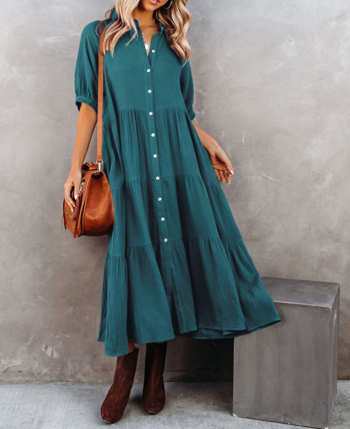 R.Vivimos Women's Summer Cotton Half Sleeves Button Down Casual Loose Slit Midi Dress with Pockets