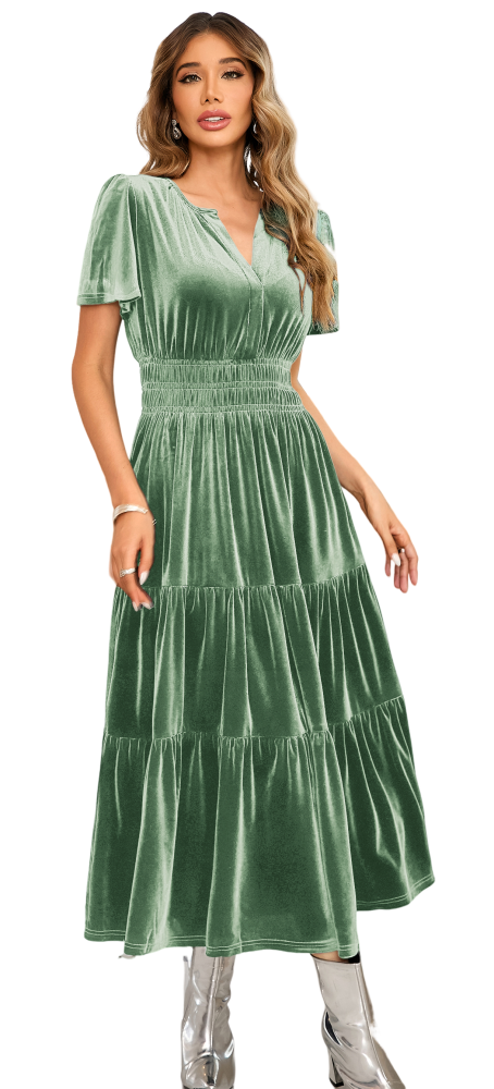 R.Vivimos Women's Fall Winter Vintage Velvet Dress Short Sleeve V Neck Elastic Waist Tiered Ruffle A-Line Elegant Maxi Dress