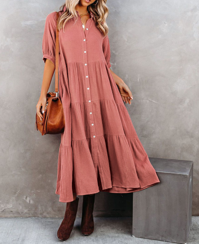 R.Vivimos Women's Summer Cotton Half Sleeves Button Down Casual Loose Slit Midi Dress with Pockets