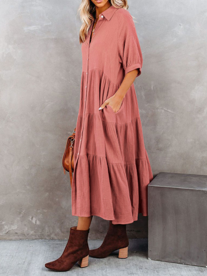 R.Vivimos Women's Summer Cotton Half Sleeves Button Down Casual Loose Slit Midi Dress with Pockets