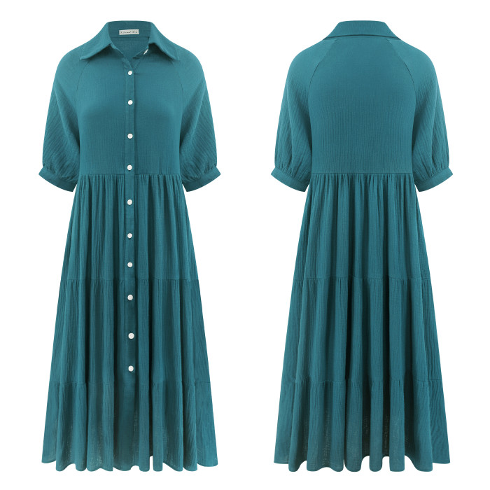 R.Vivimos Women's Summer Cotton Half Sleeves Button Down Casual Loose Slit Midi Dress with Pockets