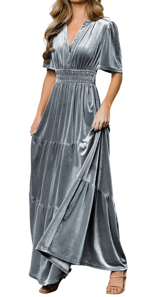 R.Vivimos Women's Fall Winter Vintage Velvet Dress Short Sleeve V Neck Elastic Waist Tiered Ruffle A-Line Elegant Maxi Dress