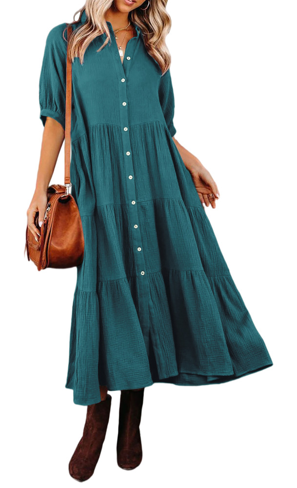 R.Vivimos Women's Summer Cotton Half Sleeves Button Down Casual Loose Slit Midi Dress with Pockets