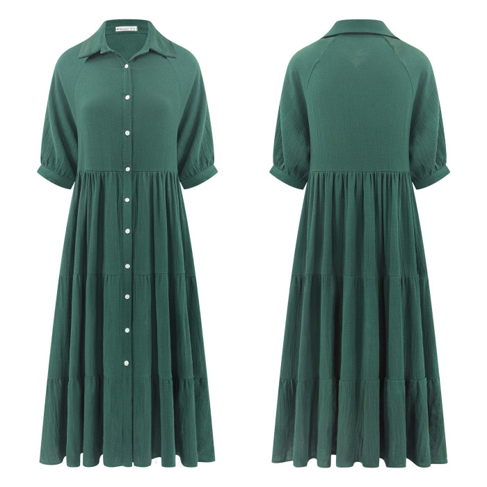 R.Vivimos Women's Summer Cotton Half Sleeves Button Down Casual Loose Slit Midi Dress with Pockets