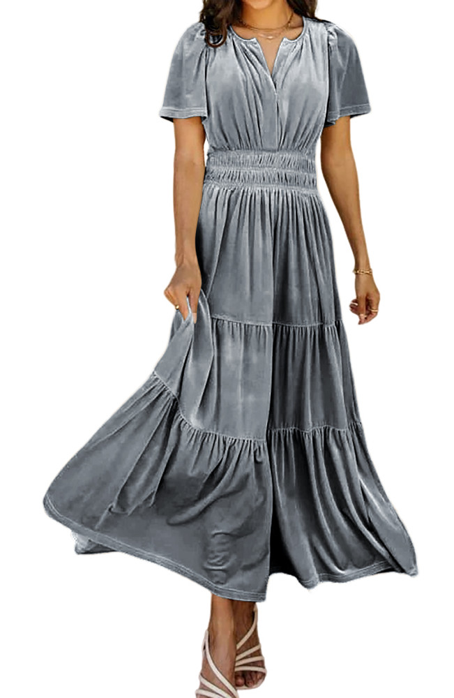 R.Vivimos Women's Fall Winter Vintage Velvet Dress Short Sleeve V Neck Elastic Waist Tiered Ruffle A-Line Elegant Maxi Dress