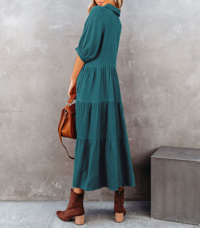 R.Vivimos Women's Summer Cotton Half Sleeves Button Down Casual Loose Slit Midi Dress with Pockets
