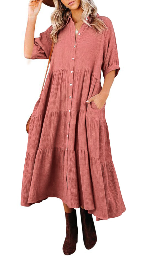 R.Vivimos Women's Summer Cotton Half Sleeves Button Down Casual Loose Slit Midi Dress with Pockets