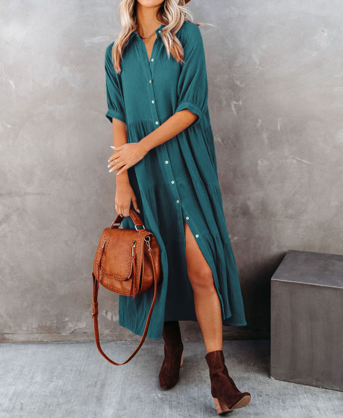 R.Vivimos Women's Summer Cotton Half Sleeves Button Down Casual Loose Slit Midi Dress with Pockets