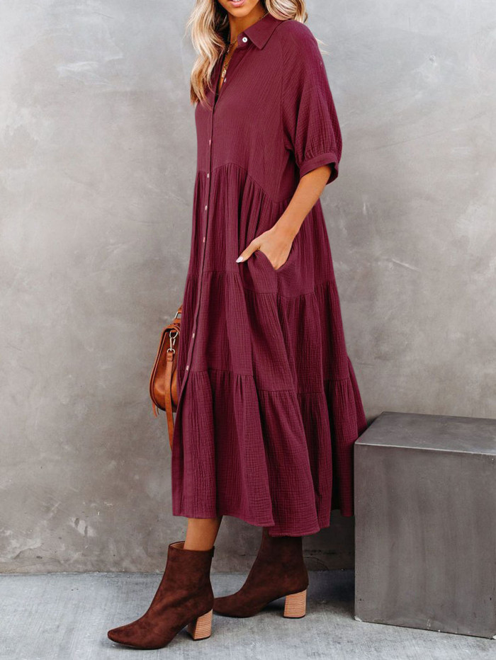 R.Vivimos Women's Summer Cotton Half Sleeves Button Down Casual Loose Slit Midi Dress with Pockets