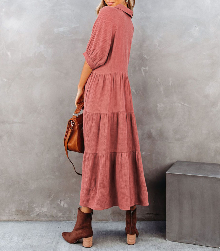 R.Vivimos Women's Summer Cotton Half Sleeves Button Down Casual Loose Slit Midi Dress with Pockets